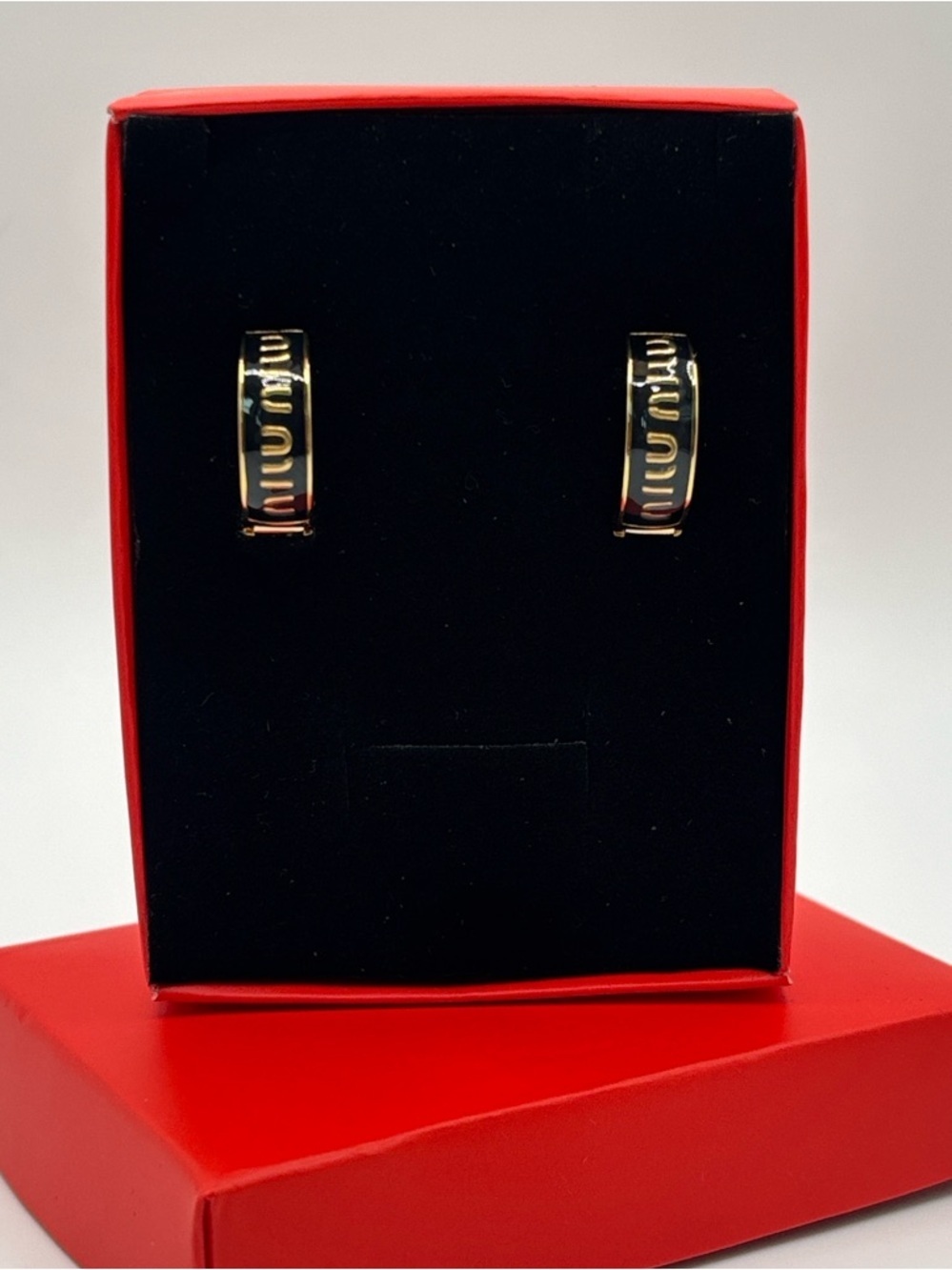 Luxury Designer Gold Tone Small Hoop Earrings Black Enamel Polished Logo Accent